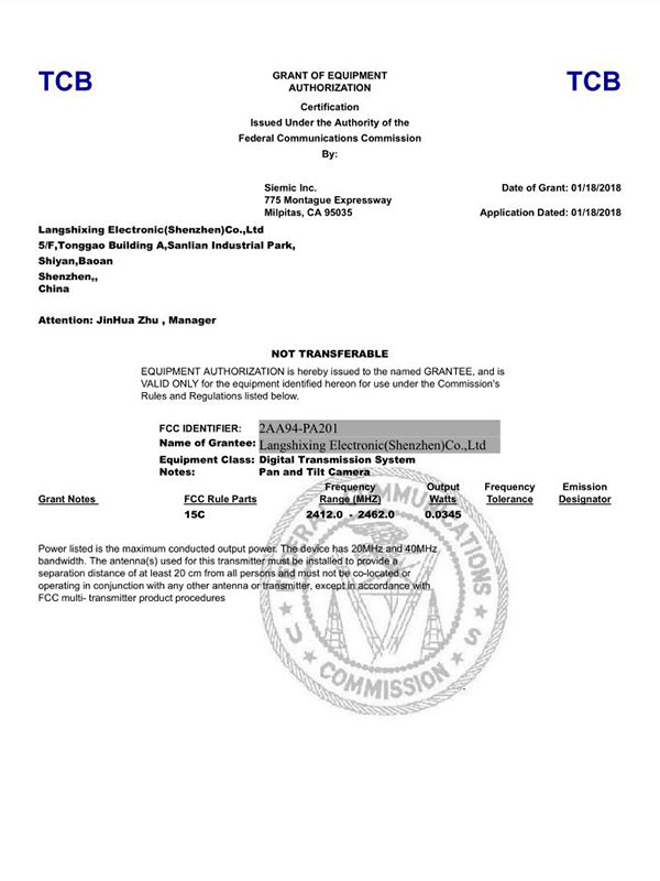 FCC ID for PTZ camera